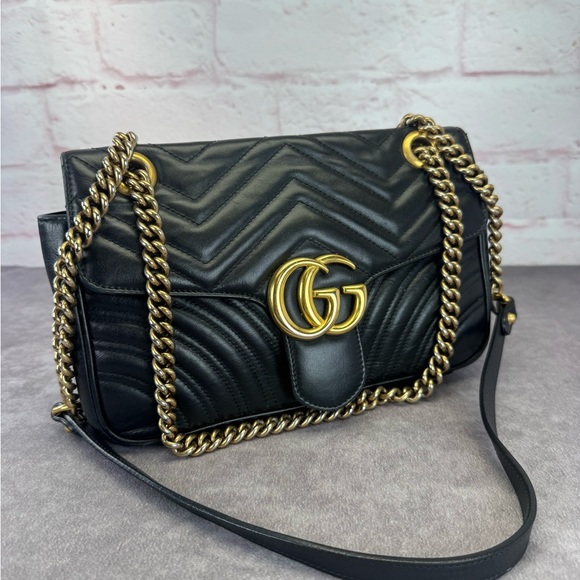 Gucci Calfskin Matelasse Small GG Marmont Shoulder Bag Black - Picture 1 of 15